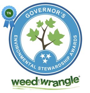 Graphic award seal with the words Governor's Environmental Stewardship Awards and awardee, Weed Wrangle