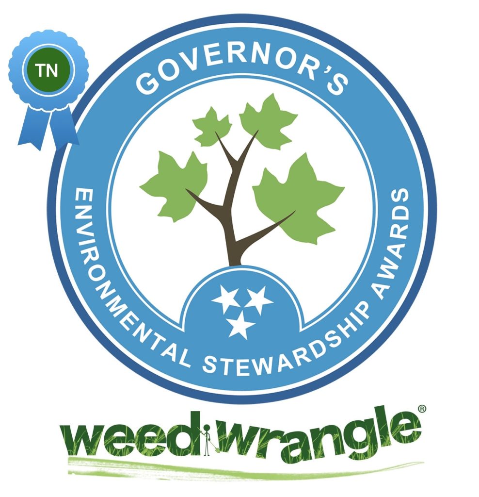Graphic award seal with the words Governor's Environmental Stewardship Awards and awardee, Weed Wrangle