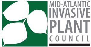 Graphic image of 3 leaves on green background with text Mid-Atlantic Invasive Plant Council
