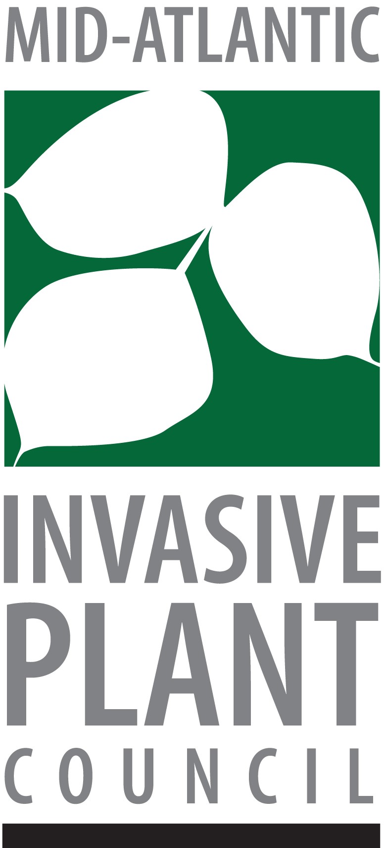 Graphic image of 3 leaves on green background with text Mid-Atlantic Invasive Plant Council