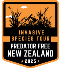 Orange shield logo with mountains and leafy plants with words "Invasive Species Tour - Predator Free New Zealand 2025"