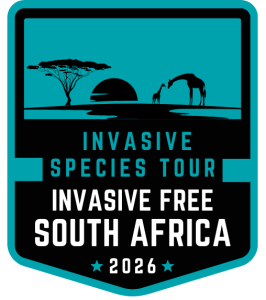 Aqua-colored shield logo with silhouette giraffe, sunset, and tree in background with words "Invasive Species Tour - Invasive Free South Africa 2026"